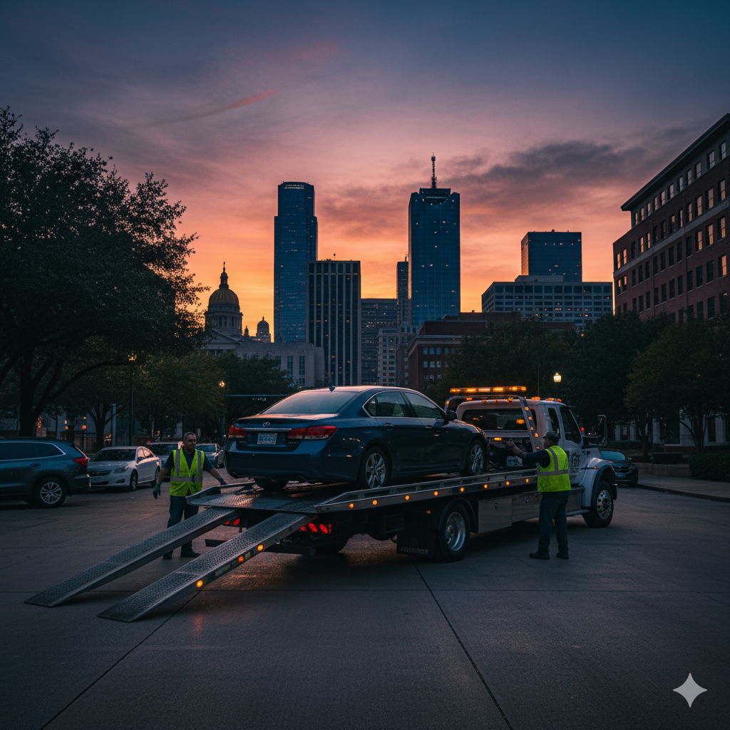 Tow truck loading a vehicle at dusk